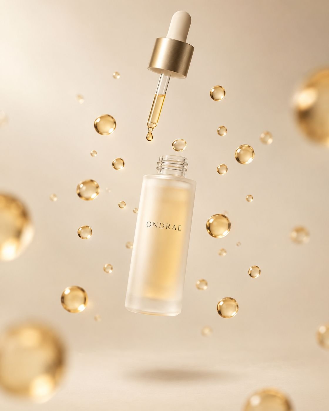 Serum bottle levitating among golden droplets