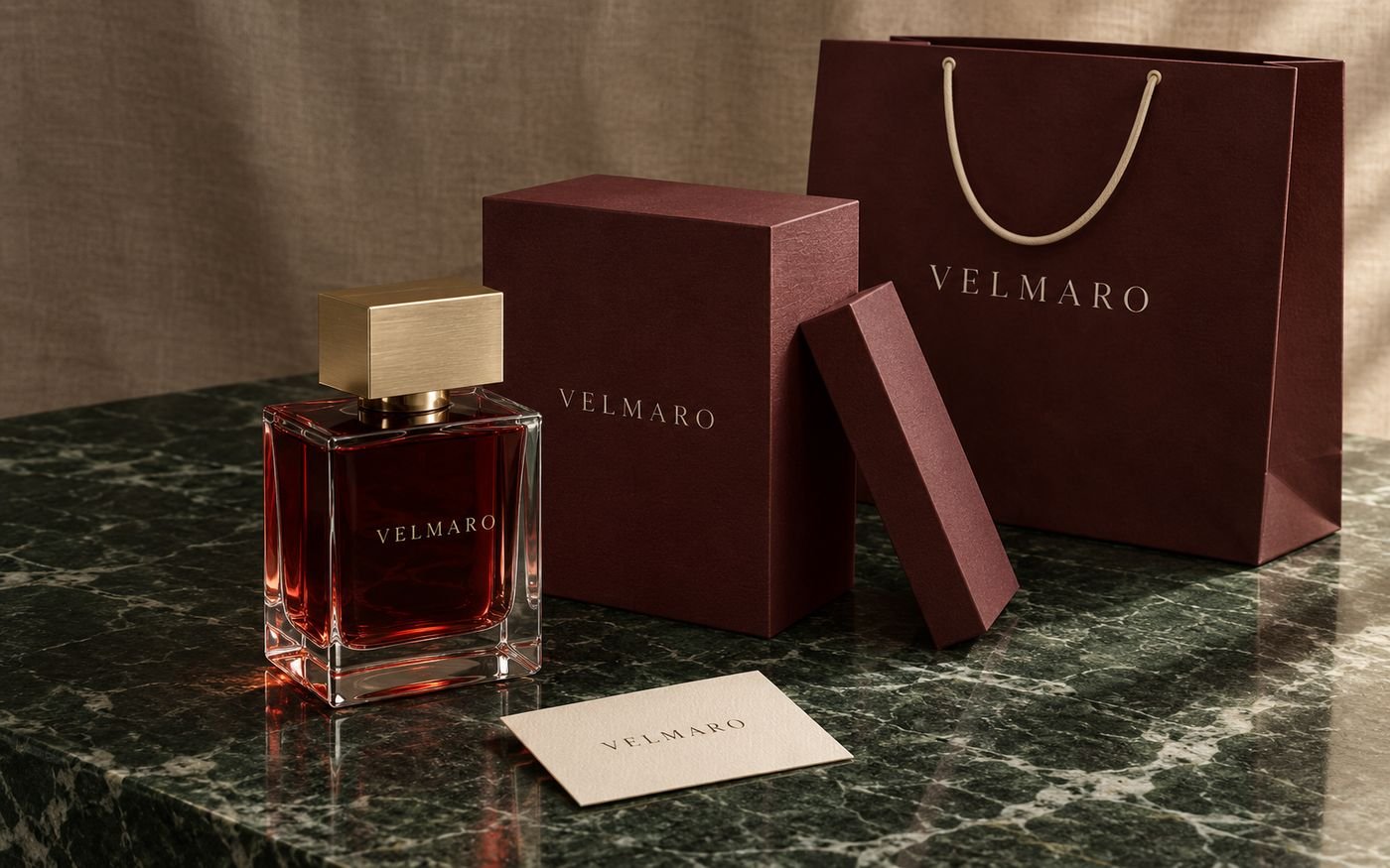 Burgundy perfume bottle, gift box and shopping bag